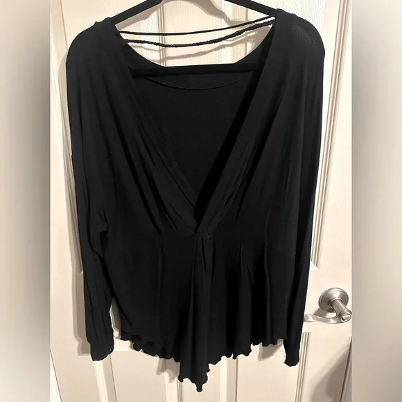 Free People Shimmy Shake Oversized Ribbed Long Sleeve Tunic w V Back, Black, XS - Picture 5 of 11